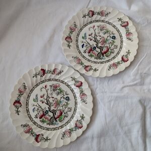 Myott Indian Tree Pink Floral Scallop Swirled Rim Cream Dinner Plates Vintage 2